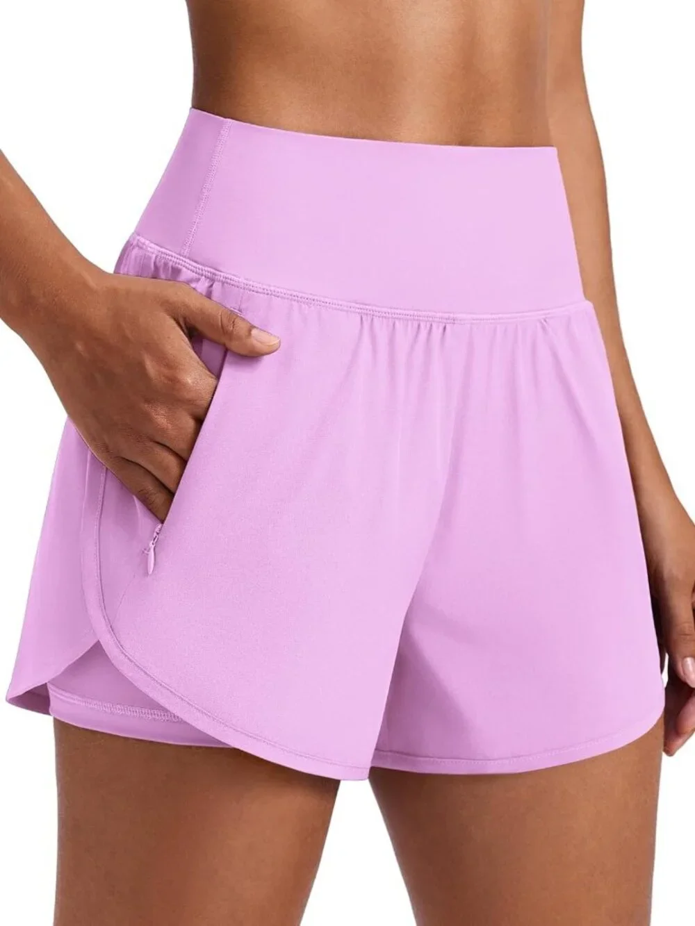 High Waisted 2-in-1 Athletic Running Shorts with 2 Zip Pockets for Women